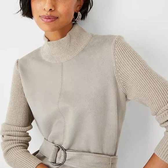 Petite Mixed Faux Suede Belted Sheath Dress - Picture 3 of 3